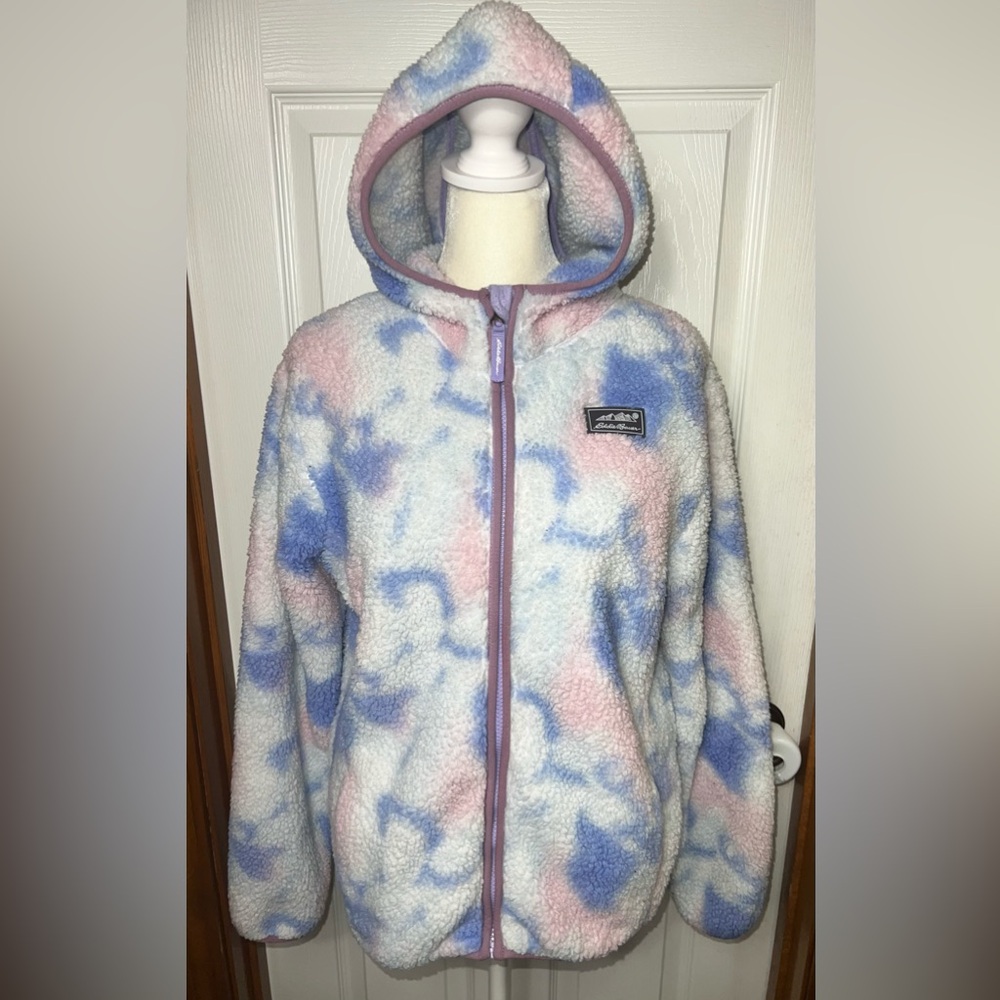 Eddie Bauer Sherpa Jacket Coat Hoodie Tie Dye Full Zip Blue/Pink Girls L (14/16)